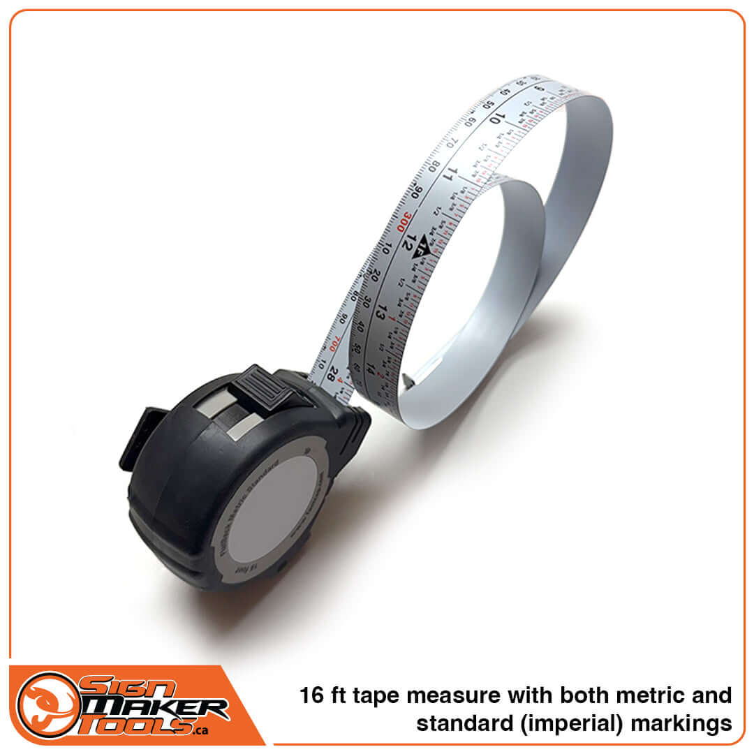 Flexible 16 ft tape measure with metric and imperial markings for sign makers