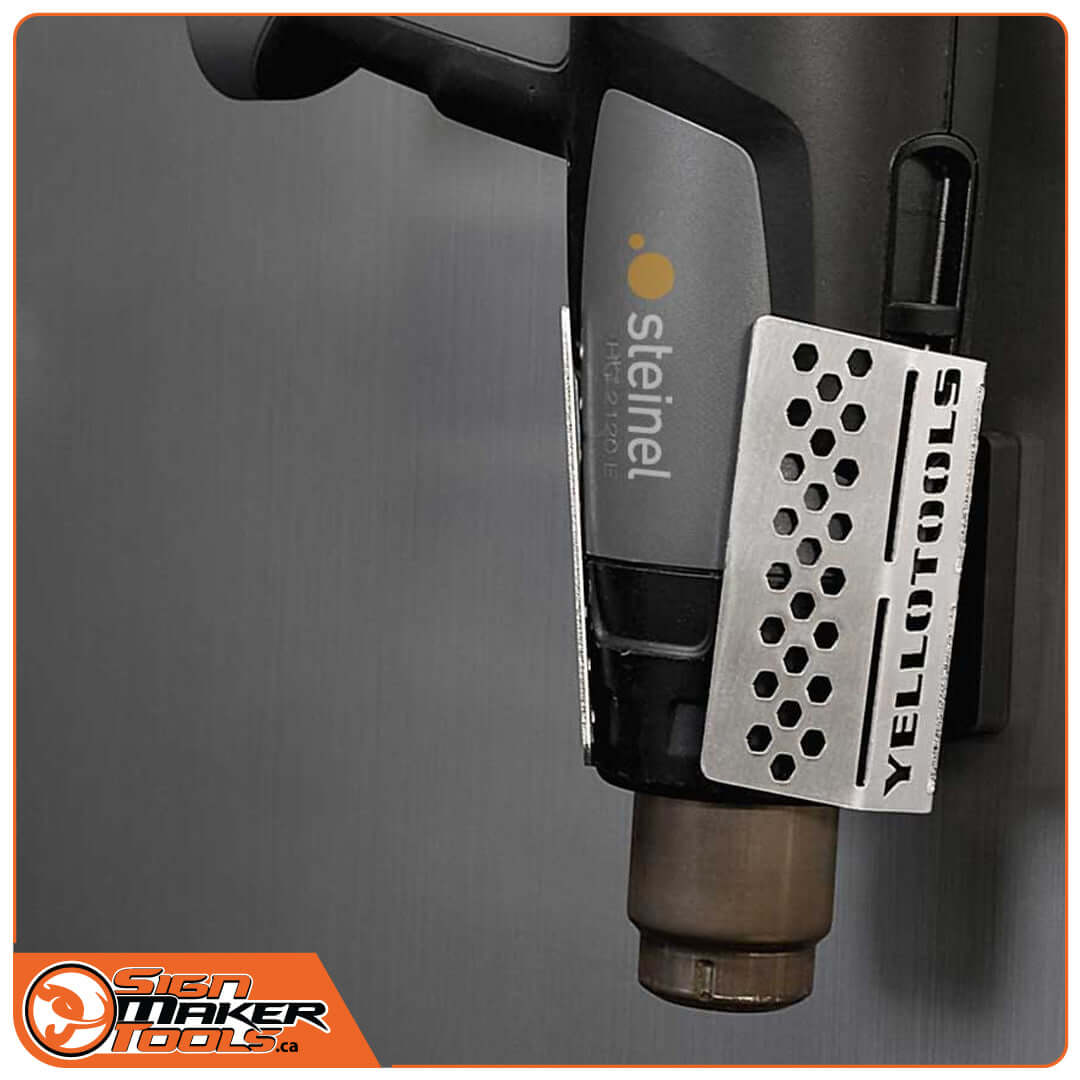 Heat gun mounted on metal surface using the YelloKNOX magnetic holder