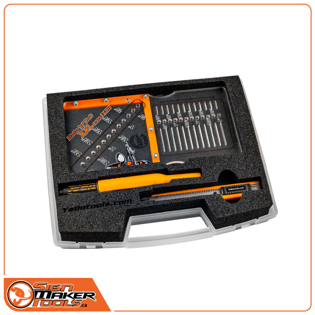 Hole 'n' Cut XXL Eco kit with template, tools, and accessories in foam case