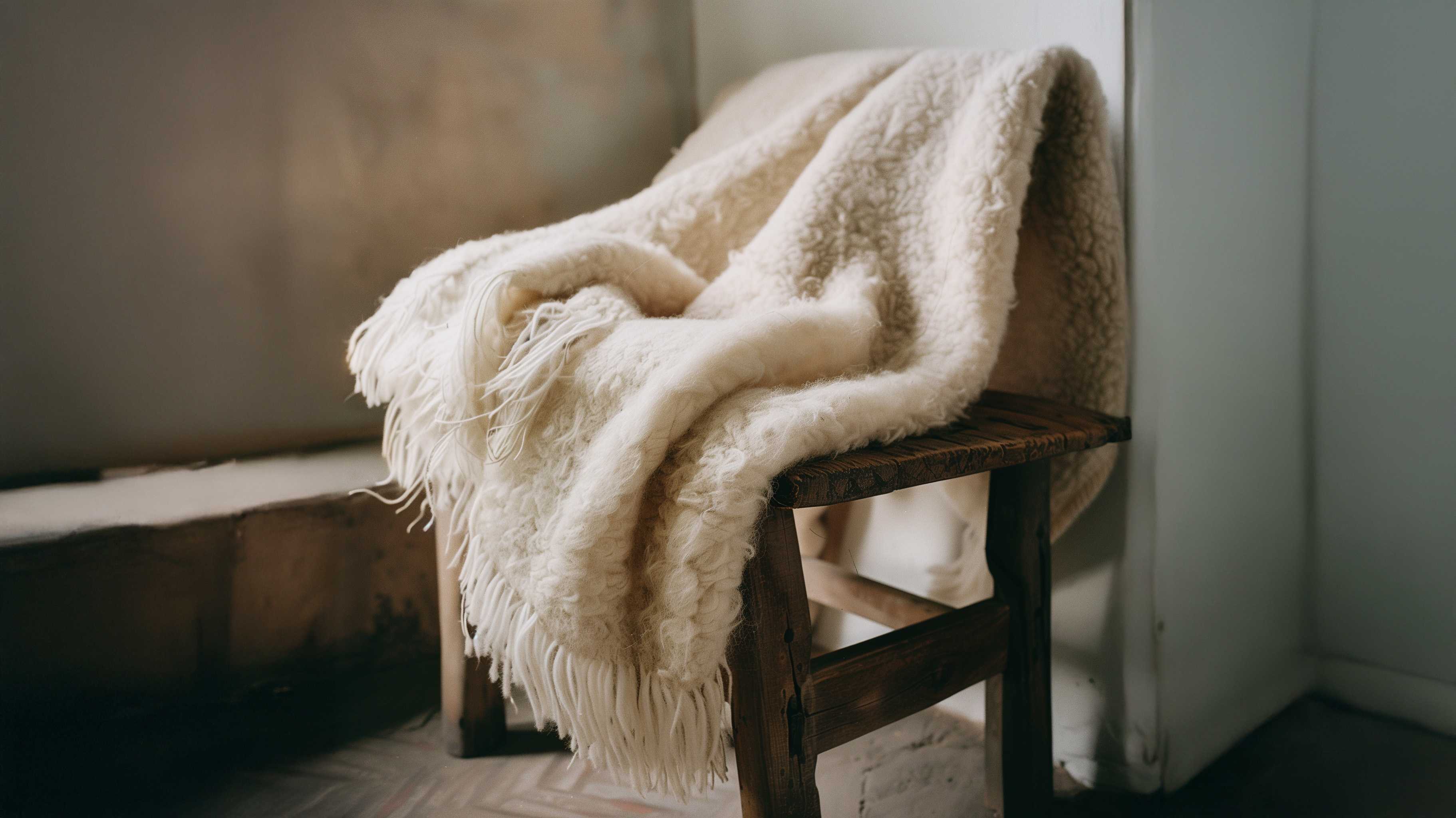 Soft ivory fringe throw blanket draped over a rustic wooden chair