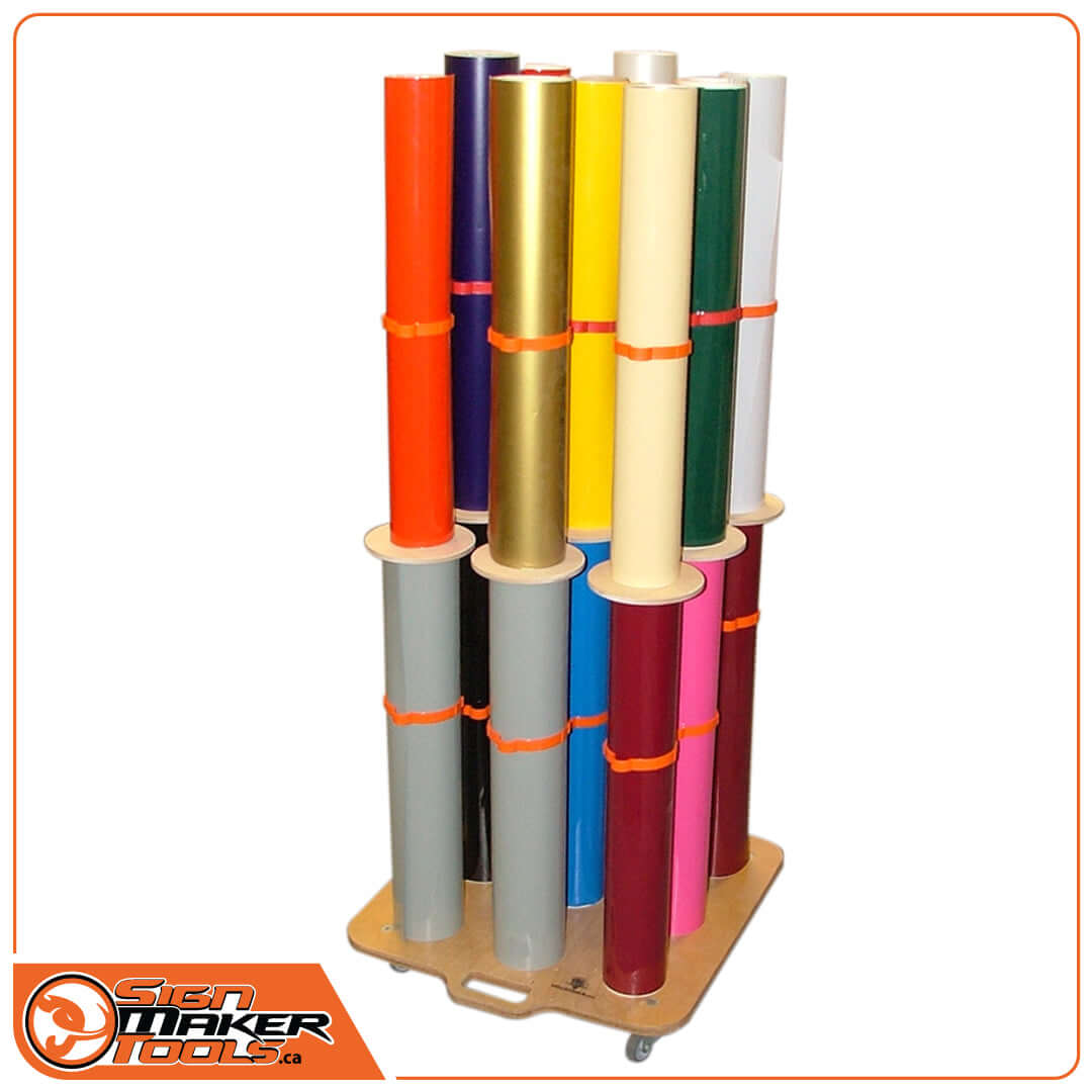 Colorful vinyl rolls organized on a rolling rack using double-cross inserts