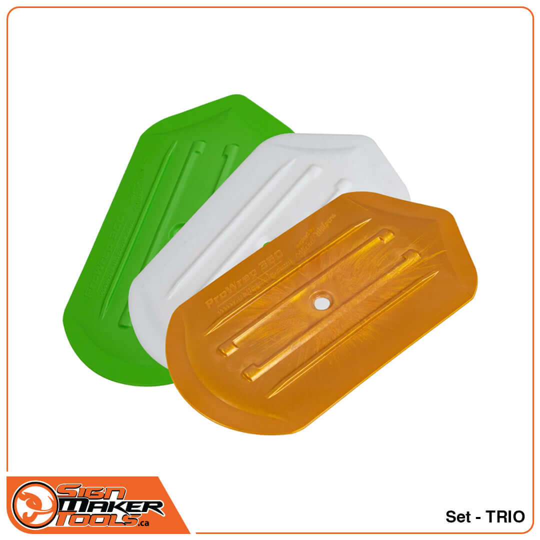Three ProWrap 360 squeegees in green, white, and gold for signmaking and car wrapping
