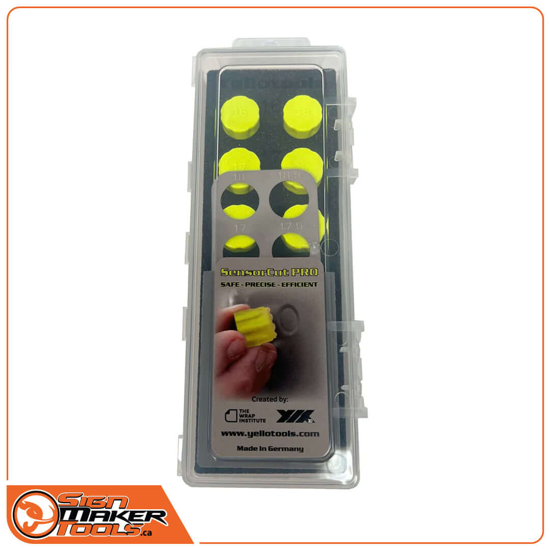 SensorCut Pro kit with yellow cutting tools and metal stencils in plastic case