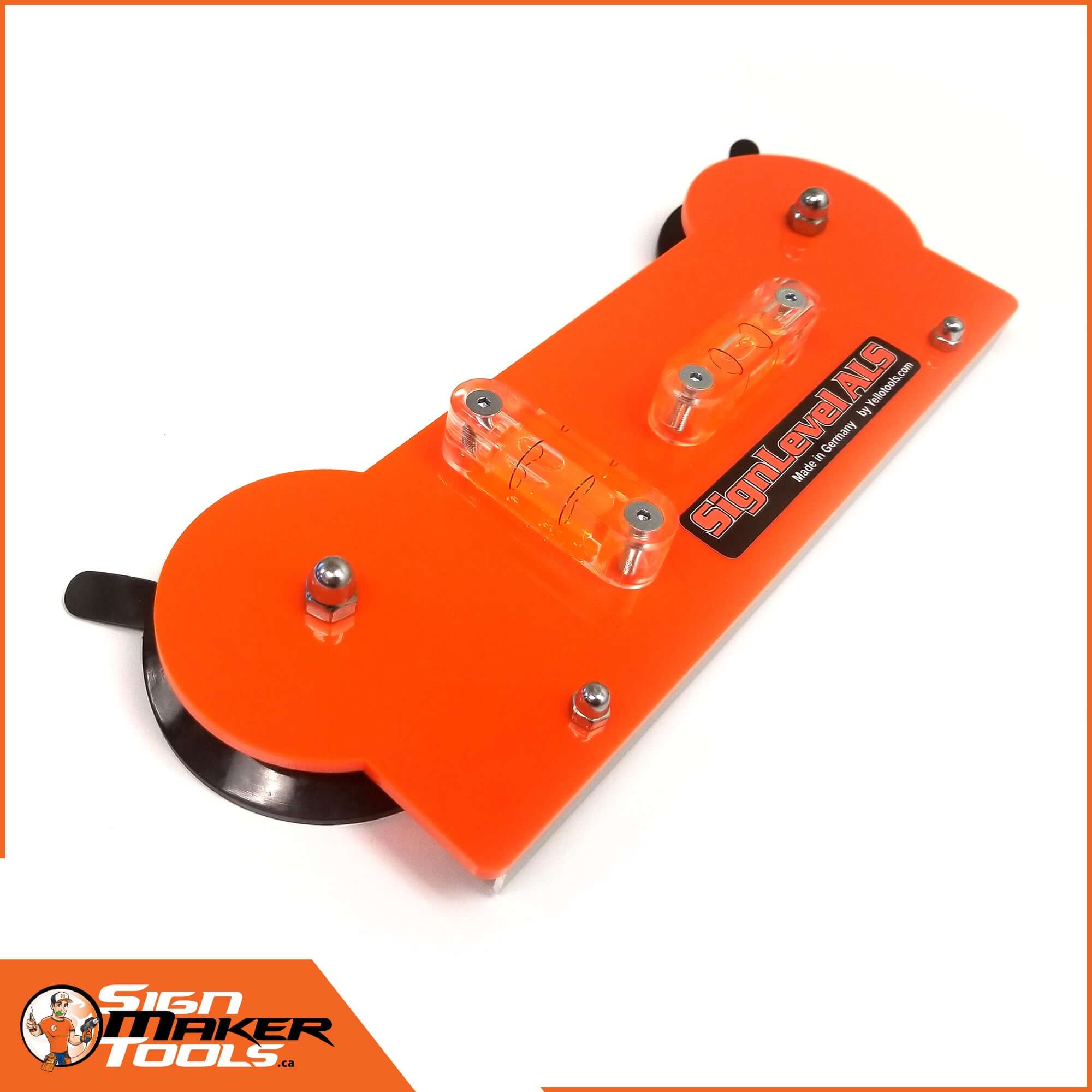 SignLevel ALS tool featuring dual bubble levels and bright orange design