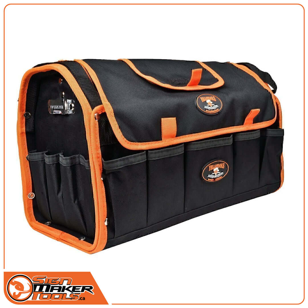 Front view of the Sign Maker Pro Tool Bag with orange trim and multiple pockets