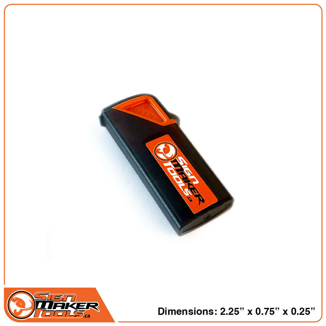 Compact black and orange snap-off blade box with Sign Maker Tools logo