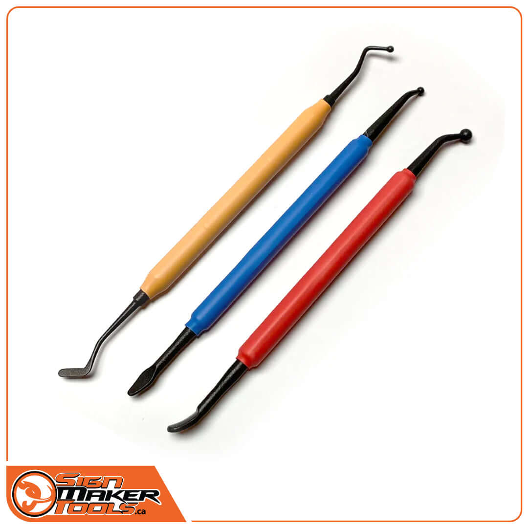 LacyTip HD Trio tucking and wrapping tool set in yellow, blue, and red