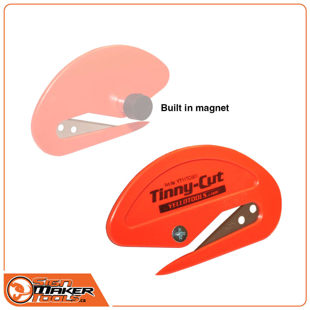 Tinny-Cut vinyl cutter by Yellotools with built-in magnet, Titan-Nitride blade, and orange ergonomic design