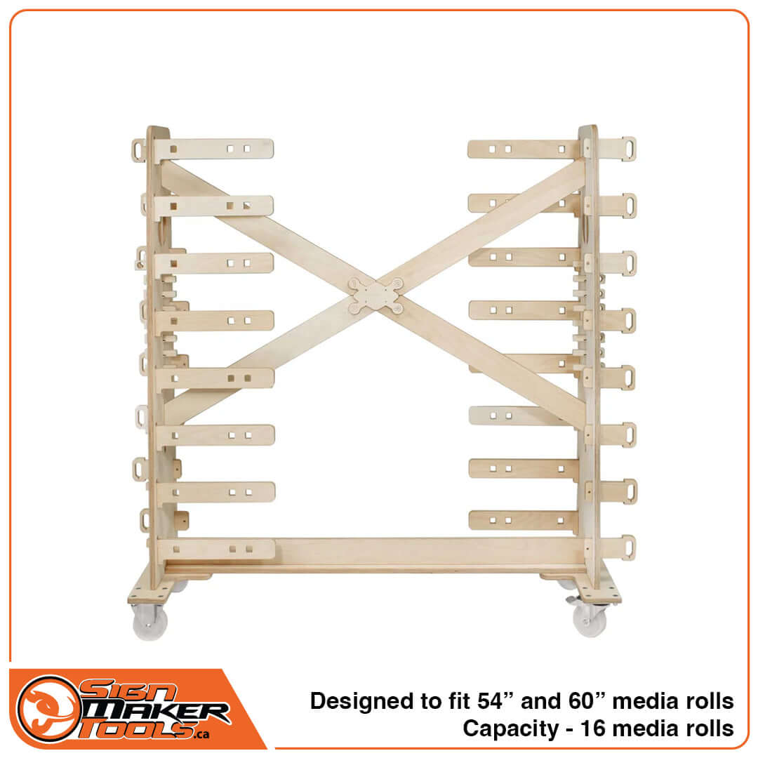Empty Treemaxx Flexi media roll rack designed for up to sixteen 54 or 60 inch vinyl rolls
