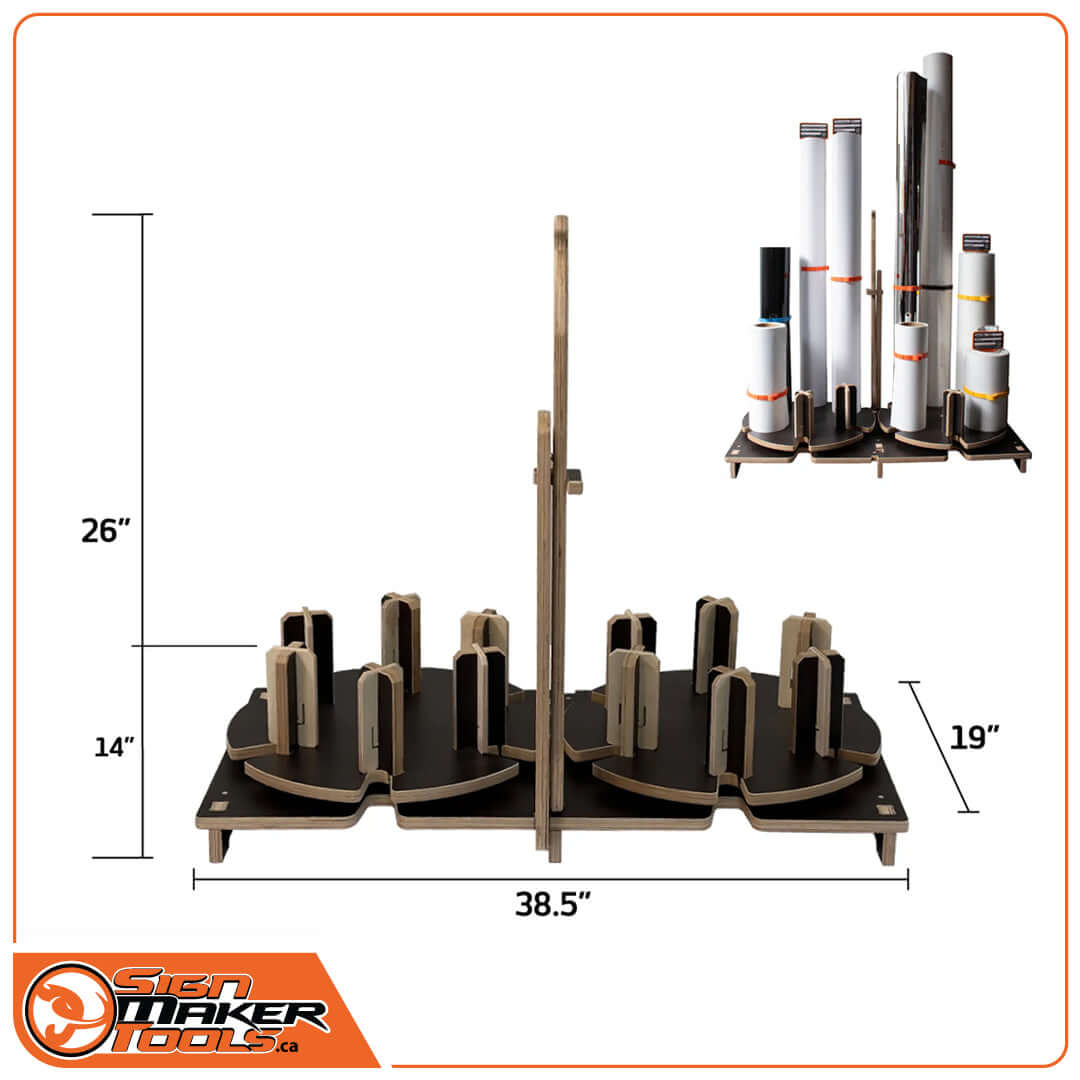 Twister Slot Reel rotating floor storage rack with dimensions for 12 roll capacity, shown empty and loaded with various media rolls