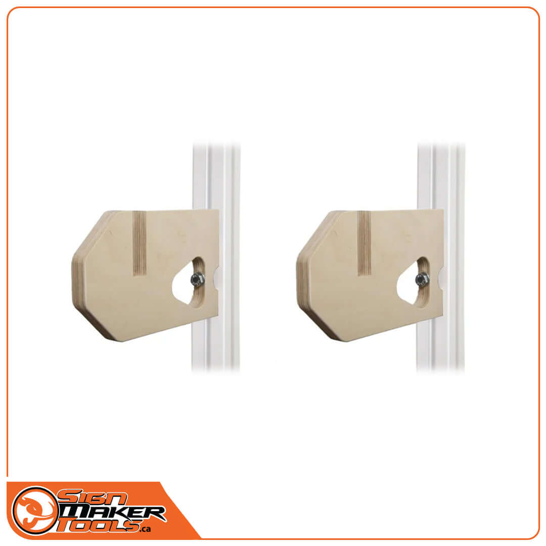 Pair of wooden V-Brackets for securely mounting Roll n' Cut device on VERTIGO rack
