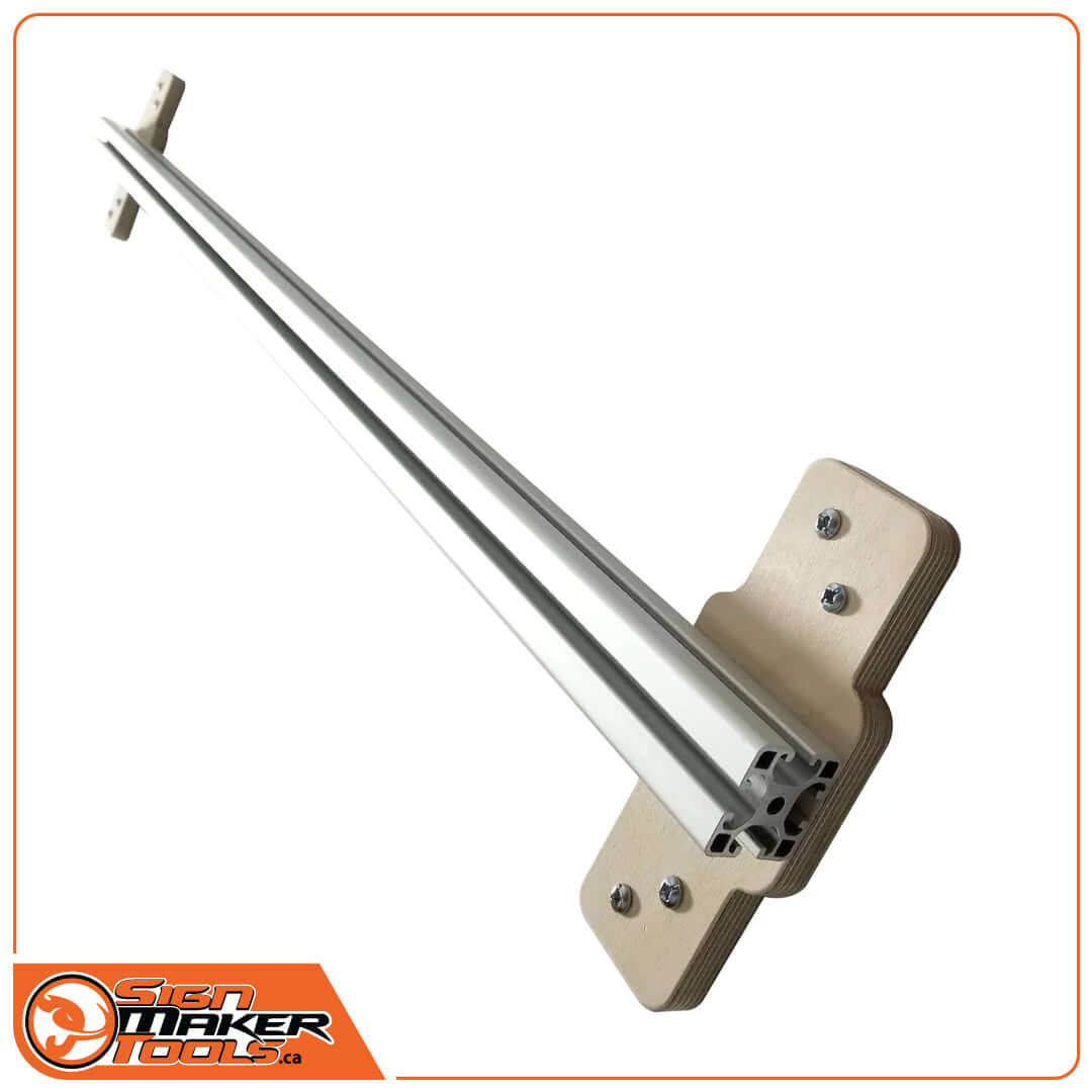 VERTIGO-System aluminum rack bar with wooden wall mount for signmaking storage