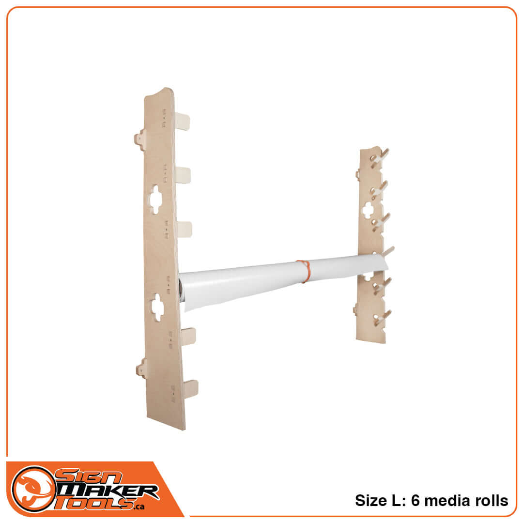 WallRack EasyReach system L size with a single roll, stores up to 6 media rolls