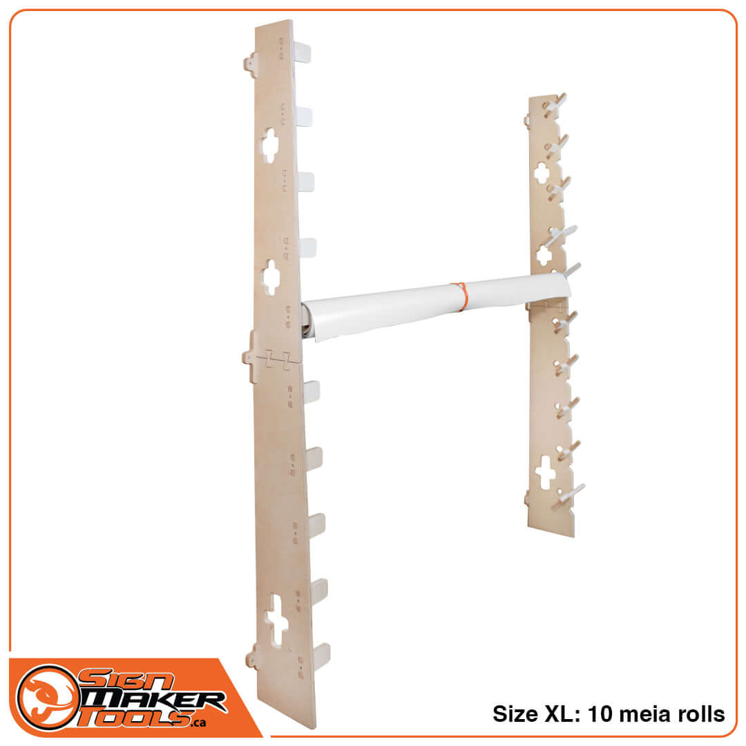 WallRack EasyReach system XL size holding a roll of media, accommodates up to 10 rolls