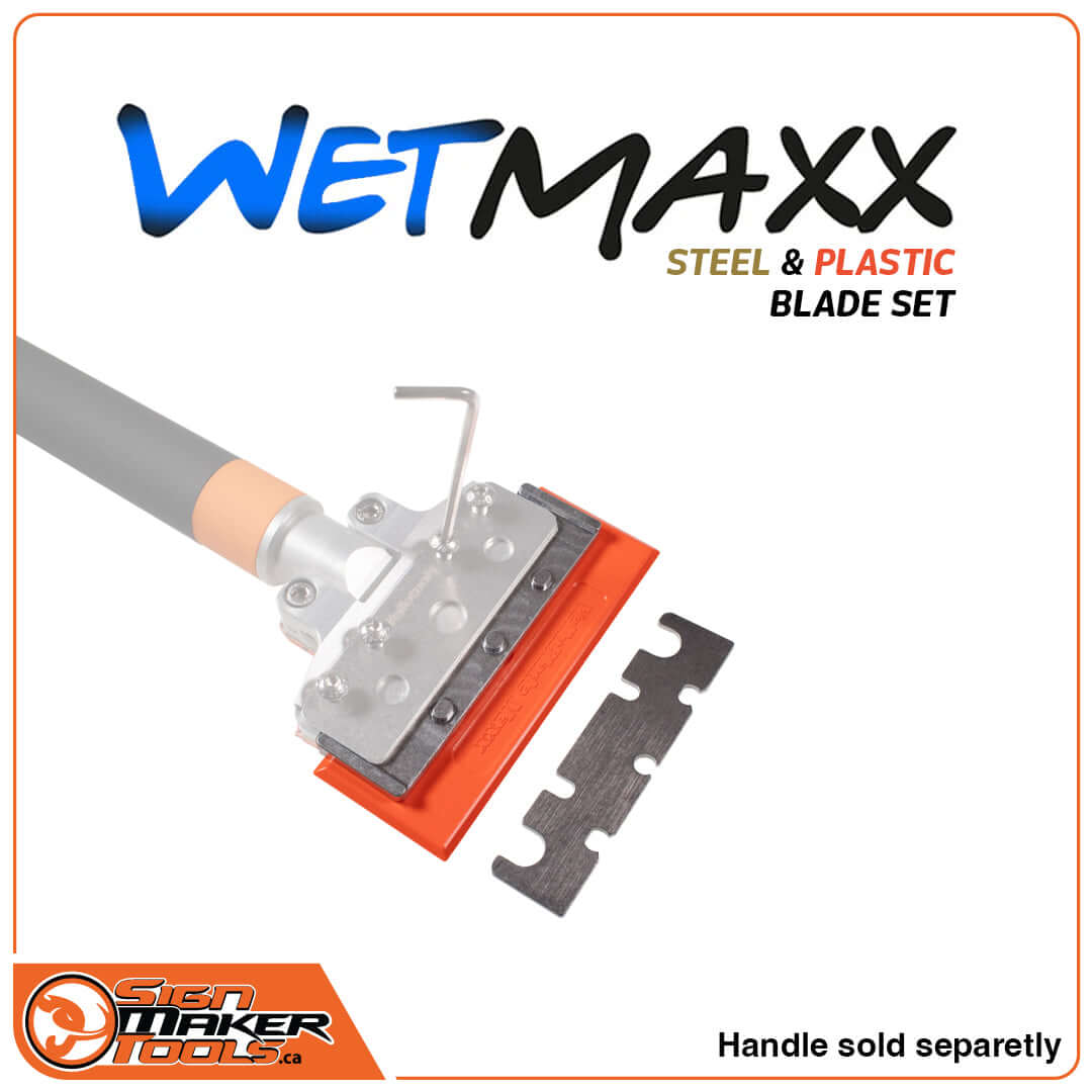 WetMaxx steel and plastic blade setup shown mounted on squeegee tool, handle sold separately