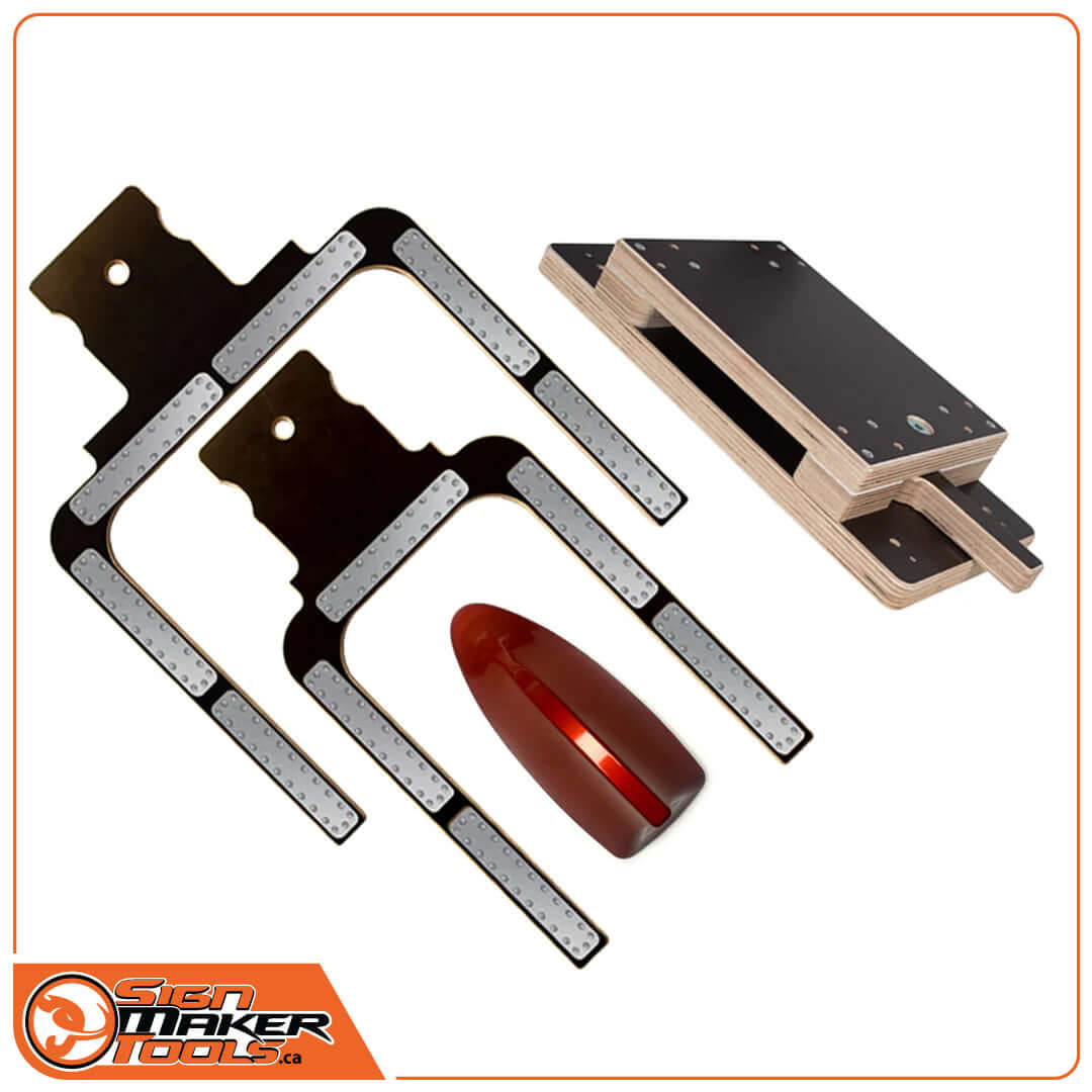 Kit includes Wrap-U-Ezee CLICK frames, YelloPEG system, and wooden table mount for car body part wrapping