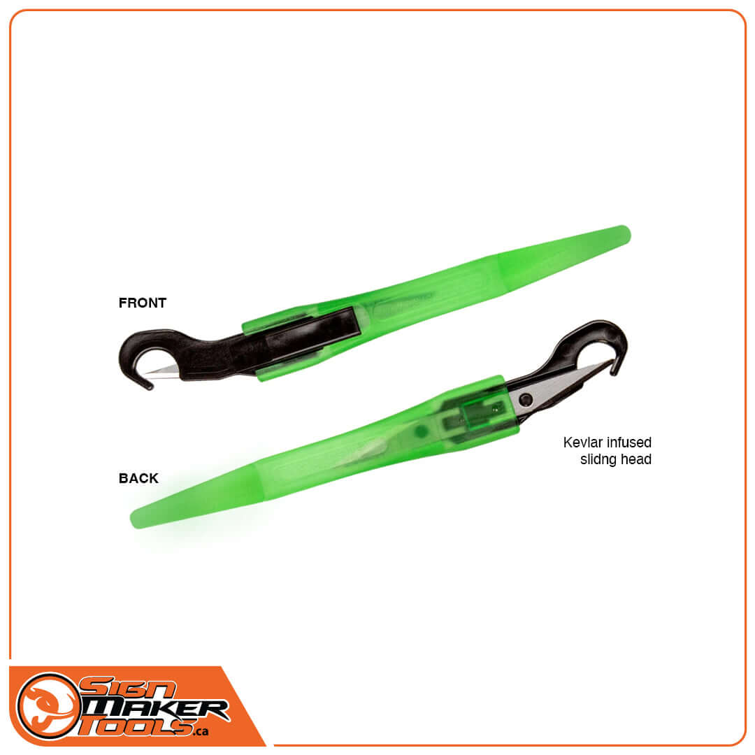 Front and back of WrapDefender vinyl safety cutter with Kevlar-infused head