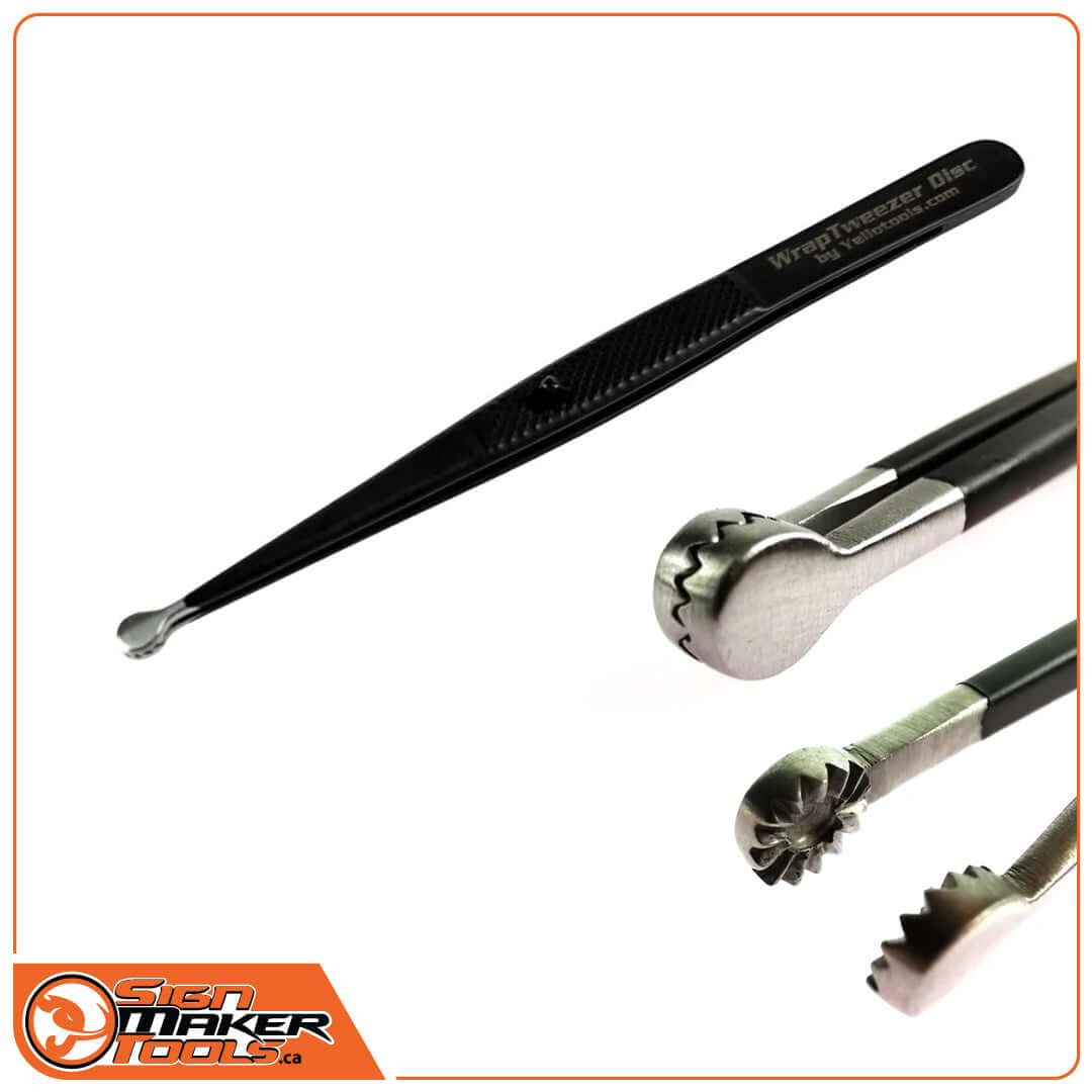 Close-up of WrapTweezer Disc car wrap tweezers with specialized toothed tips
