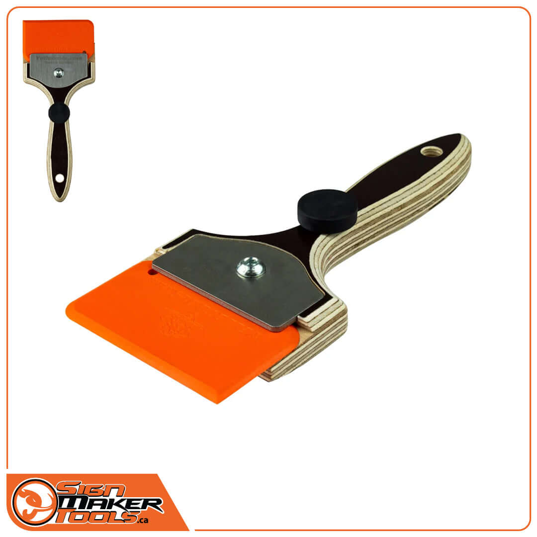 YelloBlade scraper with ergonomic wooden handle and orange blade for removing stickers