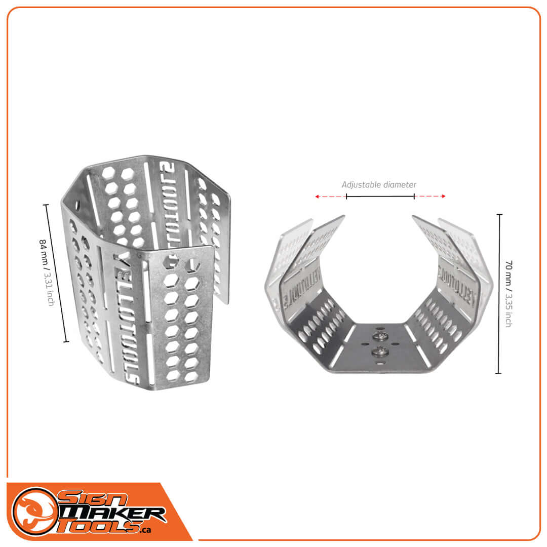 YelloKNOX holder dimensions and adjustable diameter for various heat gun sizes