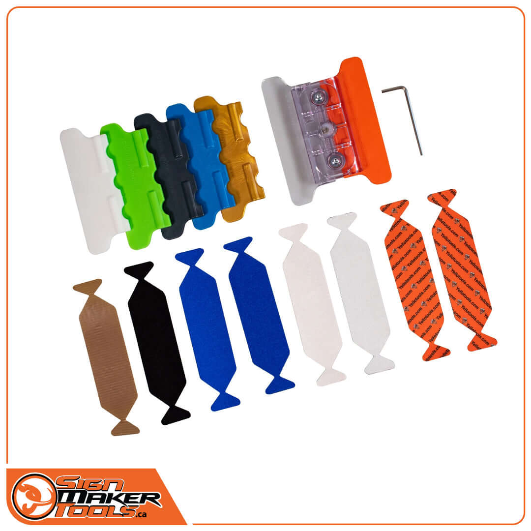 YelloTwin squeegee set components include multiple colored tips, ergonomic handles, and installation tools