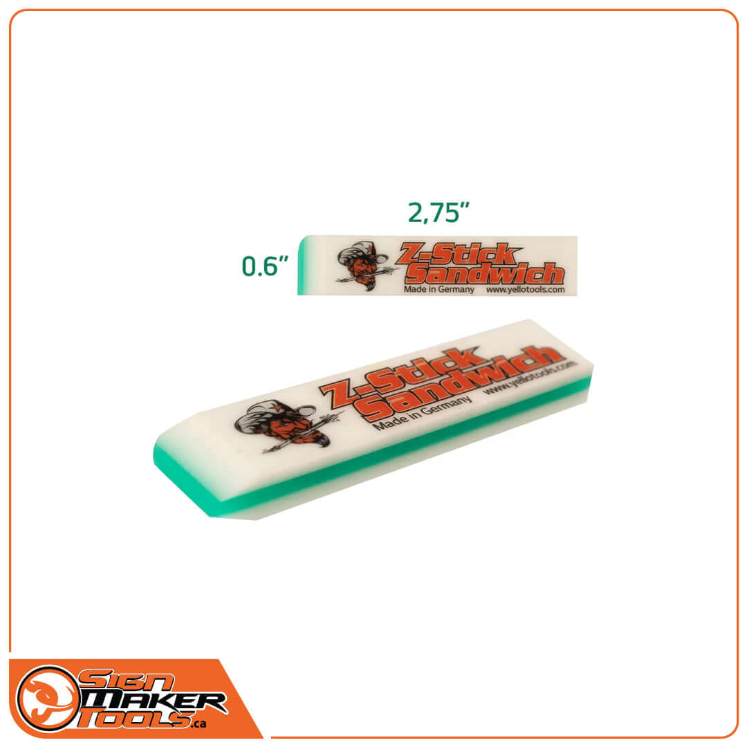 Z-Stick Sandwich mini squeegee with size dimensions shown